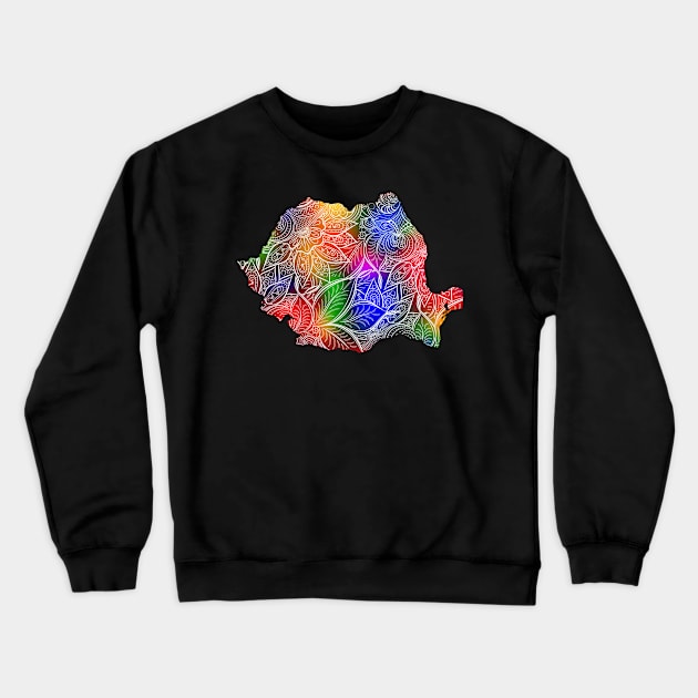 Colorful mandala art map of Romania with text in multicolor pattern Crewneck Sweatshirt by Happy Citizen